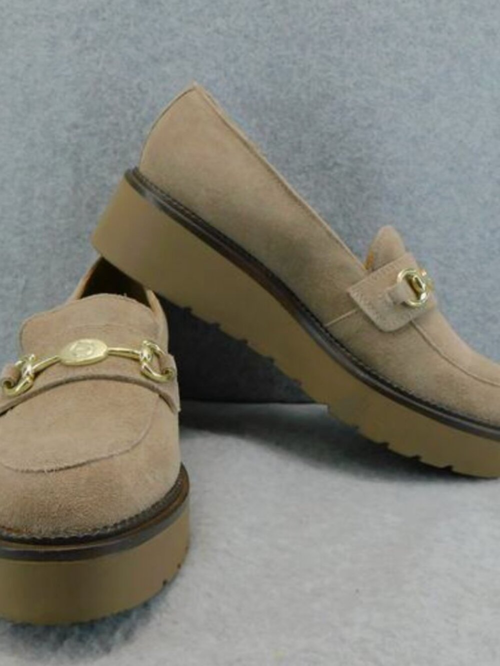 New Giani Bernini 10 Taupe Suede Chunky Heel Loafer Gold Horse‎ Bit Quiet Luxury